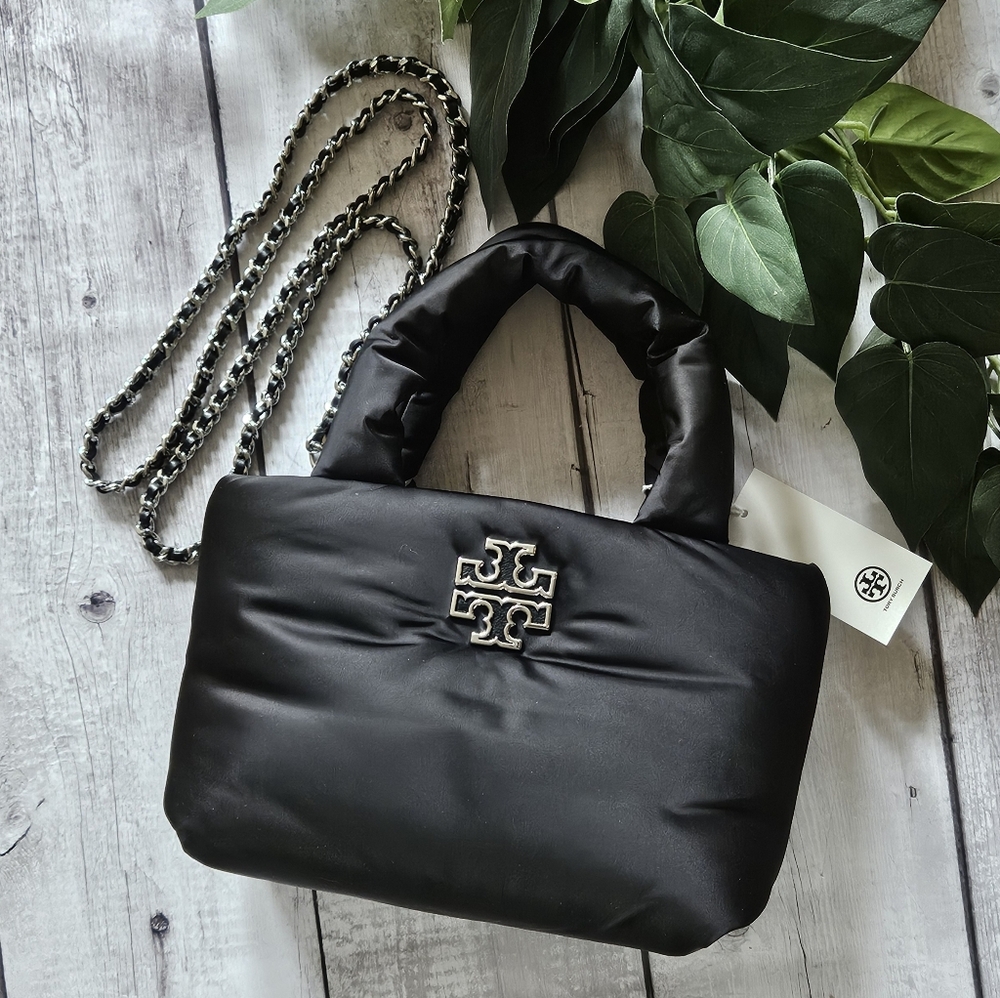 Tory Burch nwt Britten Nylon Puffy Mini Tote Bag Black silver Converts To Crossb